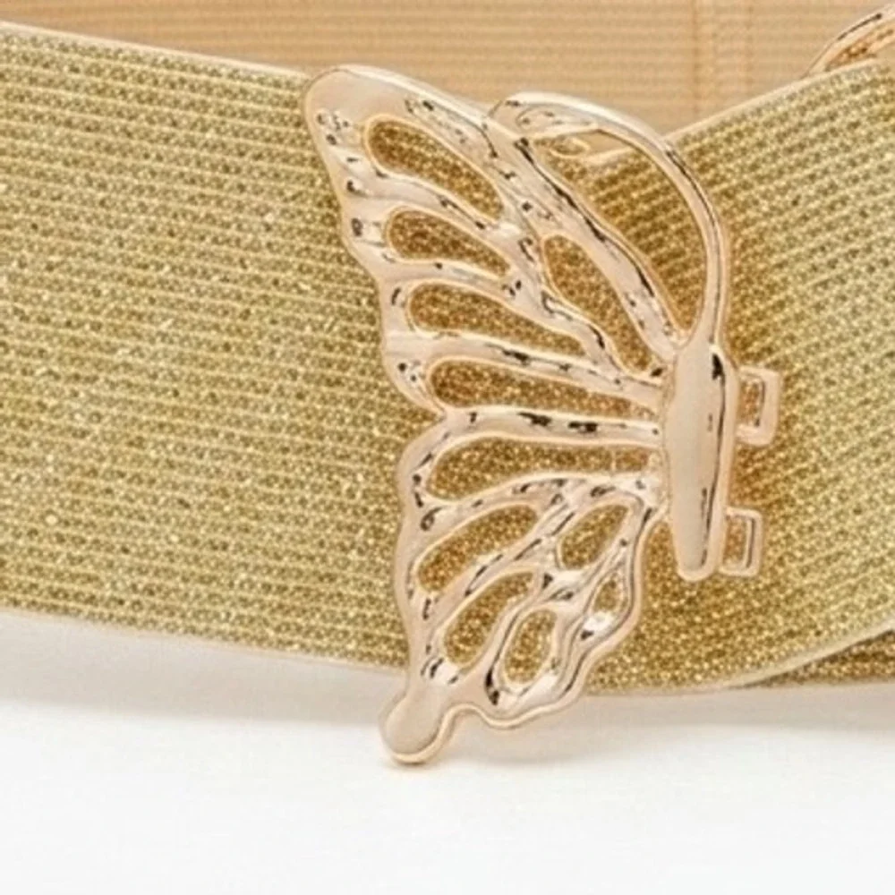 Gold Glitter Elastic Butterfly Buckle Cinch Belt Metallic Wide Waist Band Y2K